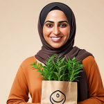 **Target Audience Persona:** A digitally illustrated portrait of a modern Arab woman (25-45 years old) smiling confidently. She is stylish, health-conscious, and surrounded by subtle symbols of sustainability (e.g., small potted plants, reusable shopping bag). The background is a clean, minimalist design with soft, warm colors.