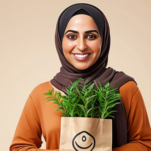 Home 19 **Target Audience Persona:** A digitally illustrated portrait of a modern Arab woman (25-45 years old) smiling confidently. She is stylish, health-conscious, and surrounded by subtle symbols of sustainability (e.g., small potted plants, reusable shopping bag). The background is a clean, minimalist design with soft, warm colors.