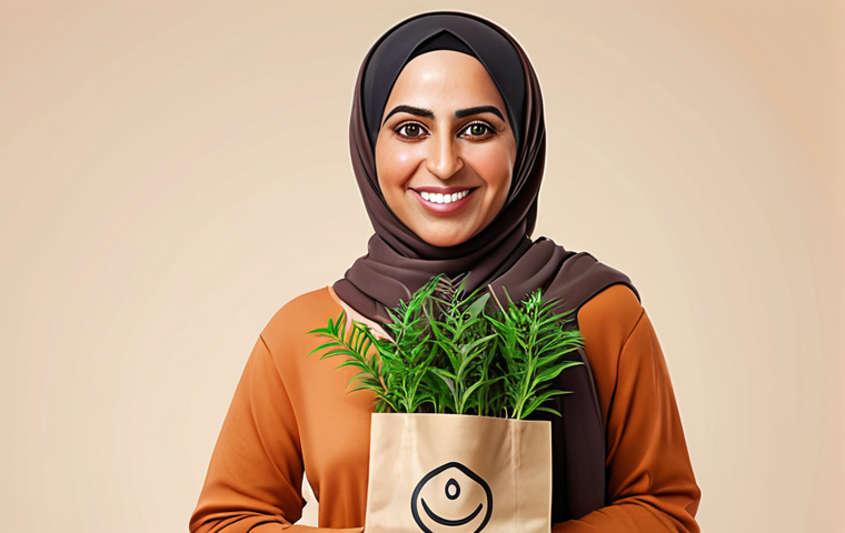 **Target Audience Persona:** A digitally illustrated portrait of a modern Arab woman (25-45 years old) smiling confidently. She is stylish, health-conscious, and surrounded by subtle symbols of sustainability (e.g., small potted plants, reusable shopping bag). The background is a clean, minimalist design with soft, warm colors.