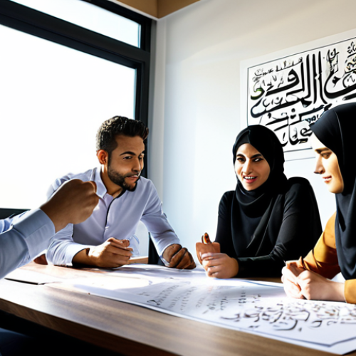 Home 18 ** "Dynamic digital marketing team brainstorming ideas in a modern, sunlit office, Arabic calligraphy subtly incorporated in the background, focus on collaboration and creativity."
**