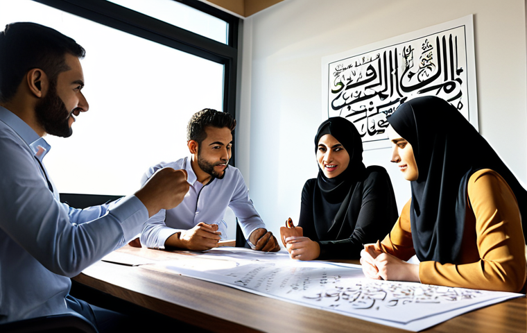 ** "Dynamic digital marketing team brainstorming ideas in a modern, sunlit office, Arabic calligraphy subtly incorporated in the background, focus on collaboration and creativity."
**