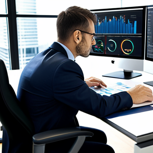 Home 17 A focused professional, fully clothed in a modest business suit, is seated at a sleek, minimalist desk in a bright, modern office space. The individual is deeply engaged in analyzing complex data displayed on multiple high-resolution monitors, featuring clear, insightful charts and graphs that represent true business growth indicators. The background subtly hints at a transition from superficial metrics to meaningful, actionable data. The atmosphere is calm and contemplative, emphasizing strategic thought. The image should convey professionalism and clarity. perfect anatomy, correct proportions, natural pose, well-formed hands, proper finger count, natural body proportions, professional photography, high quality, safe for work, appropriate content, family-friendly.