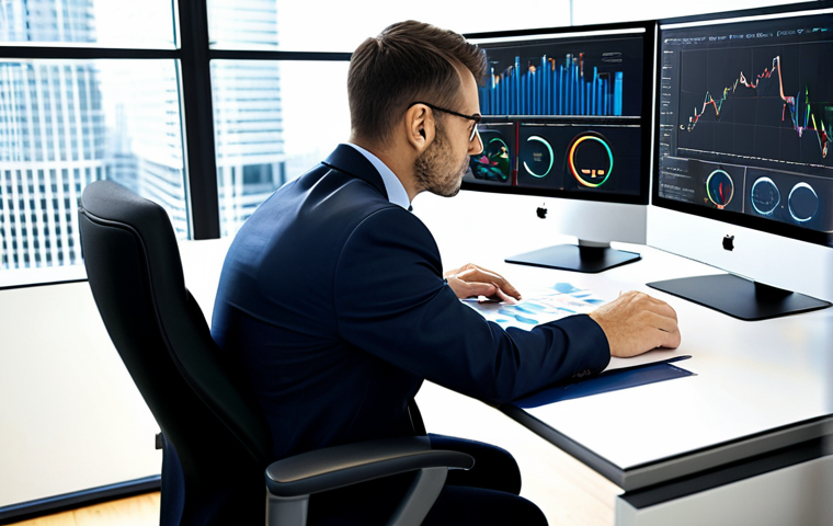 A focused professional, fully clothed in a modest business suit, is seated at a sleek, minimalist desk in a bright, modern office space. The individual is deeply engaged in analyzing complex data displayed on multiple high-resolution monitors, featuring clear, insightful charts and graphs that represent true business growth indicators. The background subtly hints at a transition from superficial metrics to meaningful, actionable data. The atmosphere is calm and contemplative, emphasizing strategic thought. The image should convey professionalism and clarity. perfect anatomy, correct proportions, natural pose, well-formed hands, proper finger count, natural body proportions, professional photography, high quality, safe for work, appropriate content, family-friendly.