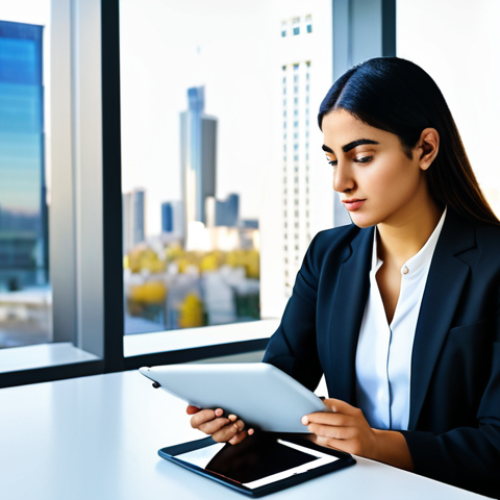 Home 8 A focused professional woman, of Arab ethnicity, in a modest business blazer and a knee-length skirt, seated thoughtfully at a modern workstation. Her hands are naturally positioned over a tablet displaying vibrant digital marketing analytics and creative content mockups. The background is a bright, well-lit contemporary office with blurred glass walls overlooking a modern cityscape, suggesting innovation and strategic thinking. This image emphasizes the human element in digital strategy and the spark of an original idea. Perfect anatomy, correct proportions, natural pose, well-formed hands, proper finger count, natural body proportions. Fully clothed, appropriate attire, modest clothing, professional dress, safe for work, appropriate content, professional, family-friendly, high quality, professional photography, sharp focus.