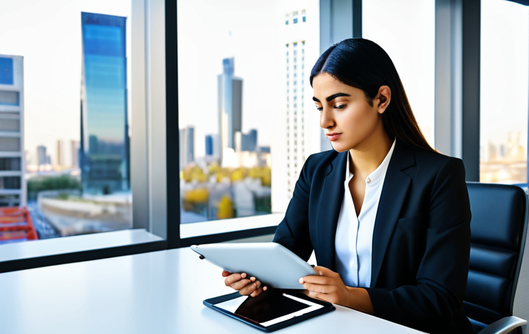 A focused professional woman, of Arab ethnicity, in a modest business blazer and a knee-length skirt, seated thoughtfully at a modern workstation. Her hands are naturally positioned over a tablet displaying vibrant digital marketing analytics and creative content mockups. The background is a bright, well-lit contemporary office with blurred glass walls overlooking a modern cityscape, suggesting innovation and strategic thinking. This image emphasizes the human element in digital strategy and the spark of an original idea. Perfect anatomy, correct proportions, natural pose, well-formed hands, proper finger count, natural body proportions. Fully clothed, appropriate attire, modest clothing, professional dress, safe for work, appropriate content, professional, family-friendly, high quality, professional photography, sharp focus.