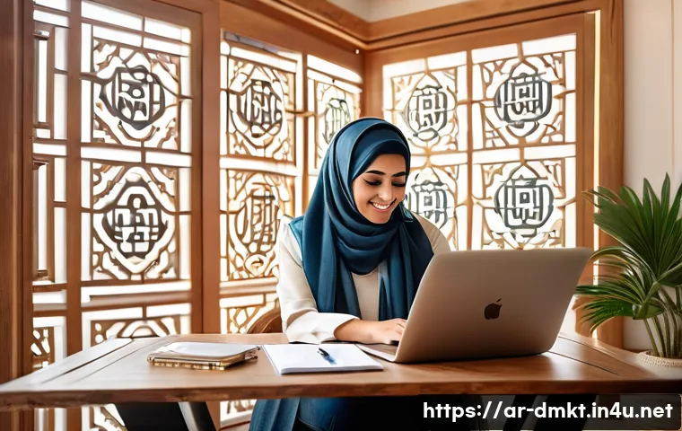 디지털 마케팅 관련 온라인 강의 추천 - A professional Middle Eastern woman in modern business casual attire, sitting at a sleek desk with a...