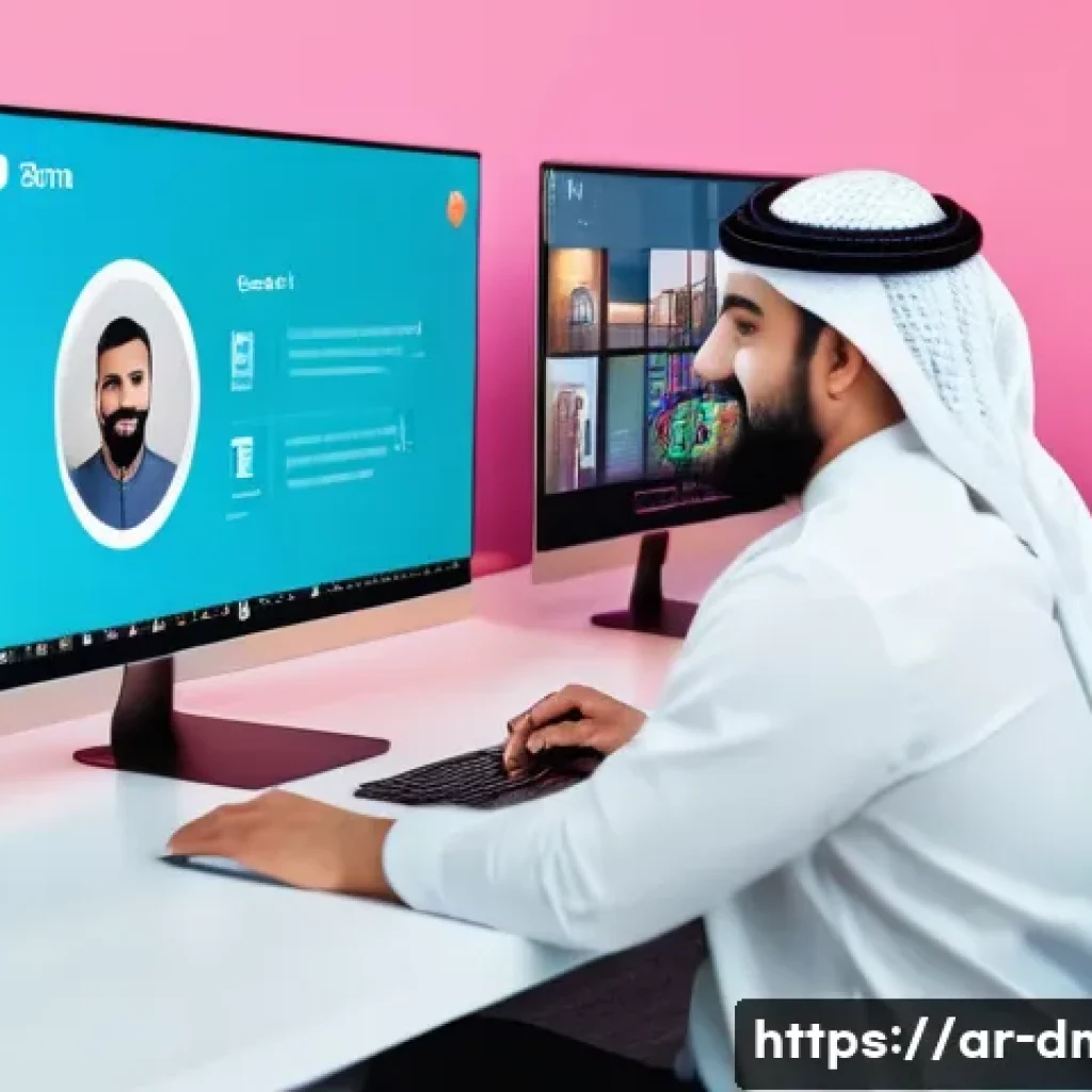 SNS 마케팅 성공 사례 - A vibrant and dynamic social media marketing scene set in a modern Middle Eastern office, featuring ...