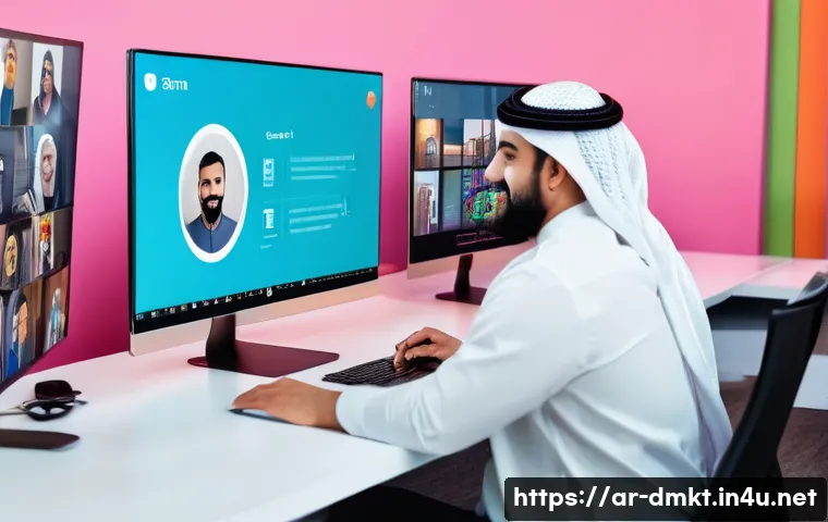 SNS 마케팅 성공 사례 - A vibrant and dynamic social media marketing scene set in a modern Middle Eastern office, featuring ...
