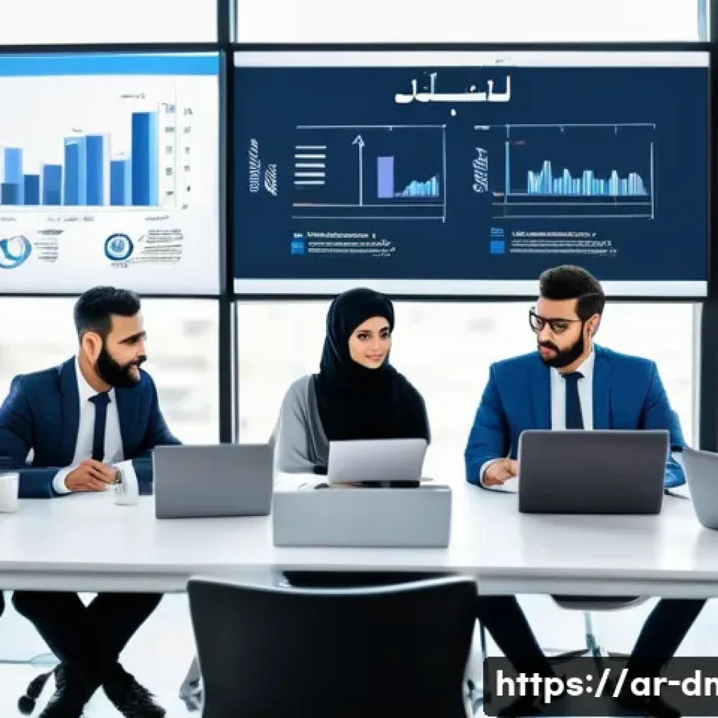 디지털 마케팅을 배우기 위한 기본 용어 정리 - A professional Middle Eastern marketing team in a modern office environment, with diverse men and wo...