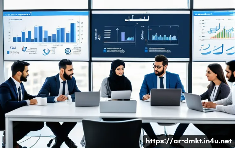 디지털 마케팅을 배우기 위한 기본 용어 정리 - A professional Middle Eastern marketing team in a modern office environment, with diverse men and wo...