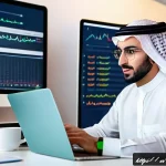 퍼포먼스 마케팅 실무 가이드 - A vibrant digital marketing workspace showcasing an Arab professional analyzing behavioral data on m...