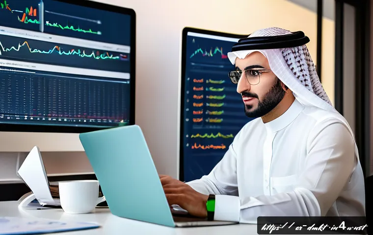 퍼포먼스 마케팅 실무 가이드 - A vibrant digital marketing workspace showcasing an Arab professional analyzing behavioral data on m...
