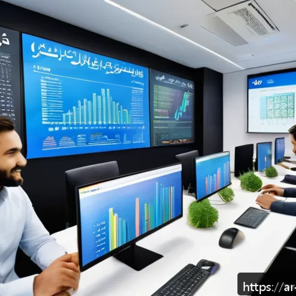 디지털 마케팅 성공 사례와 실패 사례 - A vibrant digital marketing workspace set in a modern office with Arabic calligraphy art on the wall...