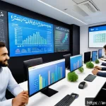 디지털 마케팅 성공 사례와 실패 사례 - A vibrant digital marketing workspace set in a modern office with Arabic calligraphy art on the wall...