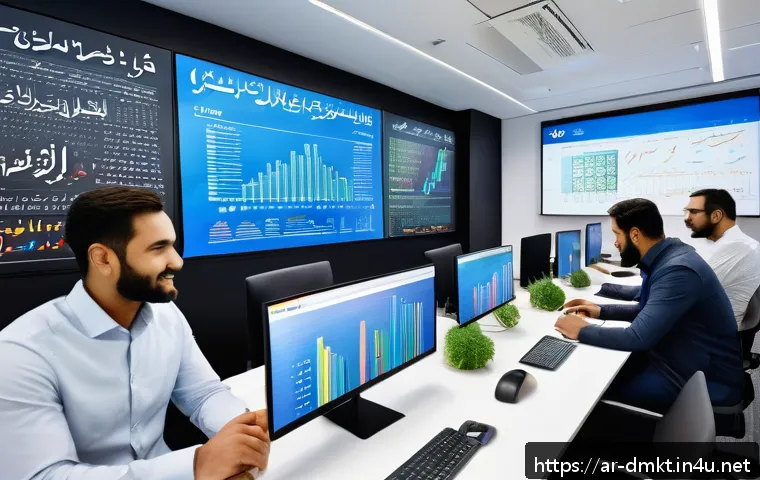 디지털 마케팅 성공 사례와 실패 사례 - A vibrant digital marketing workspace set in a modern office with Arabic calligraphy art on the wall...