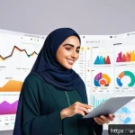 SNS 마케팅 알고리즘 이해하기 - A vibrant digital illustration of an Arabic social media influencer analyzing data on a large, color...