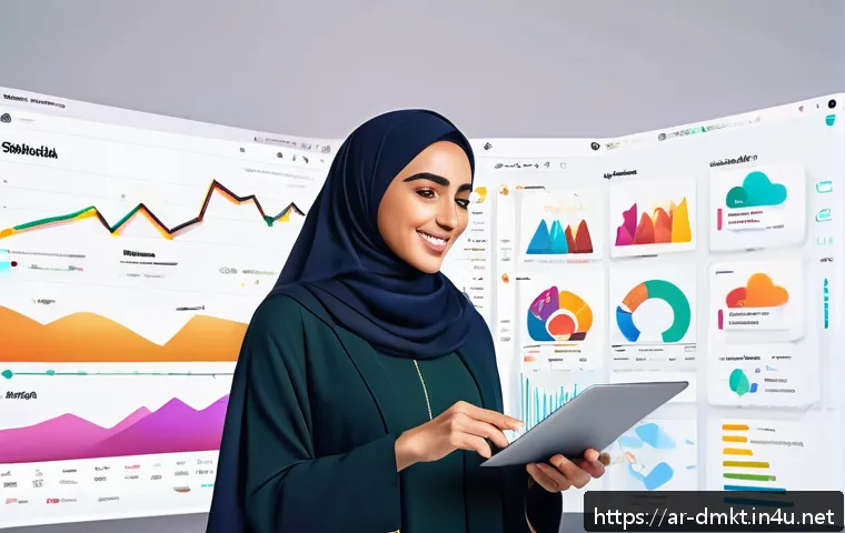 SNS 마케팅 알고리즘 이해하기 - A vibrant digital illustration of an Arabic social media influencer analyzing data on a large, color...