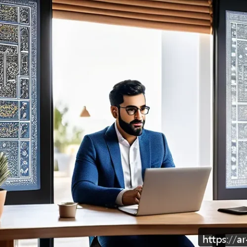 디지털 마케팅 프리랜서로 성공하는 법 - A professional Middle Eastern digital marketer in a modern home office, surrounded by multiple scree...