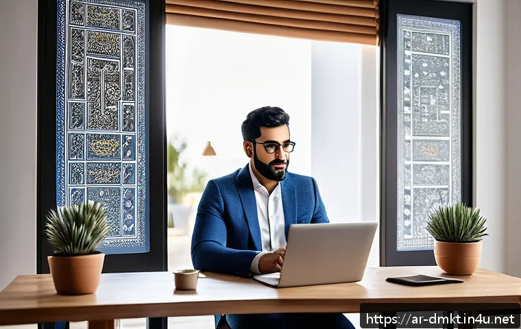 디지털 마케팅 프리랜서로 성공하는 법 - A professional Middle Eastern digital marketer in a modern home office, surrounded by multiple scree...