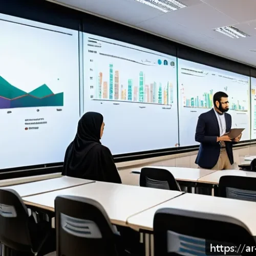 디지털 마케팅 학위 vs 자격증 비교 - A modern Arab university classroom scene focused on digital marketing education, showing diverse stu...