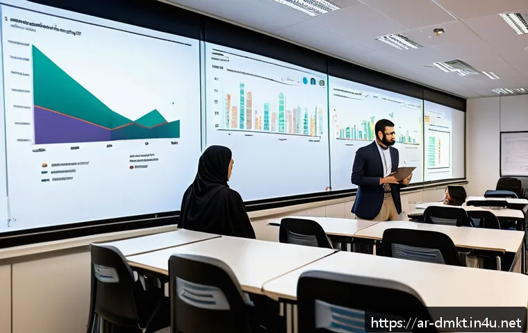 디지털 마케팅 학위 vs 자격증 비교 - A modern Arab university classroom scene focused on digital marketing education, showing diverse stu...